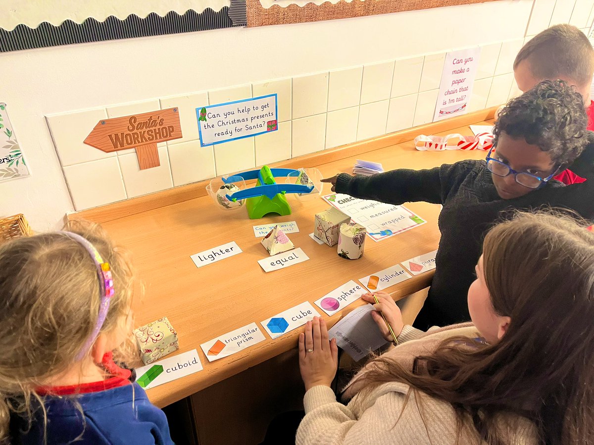 Hendrefoilan's tweet photo. Year 1/2 Turtles enjoyed a break from rehearsals to do some Christmas themed maths. Matching presents to their 3D shape name, weighing them and making a paper chain that is 1m long. #hdfpturtles #hdfpNum https://t.co/AfMGyJ91id