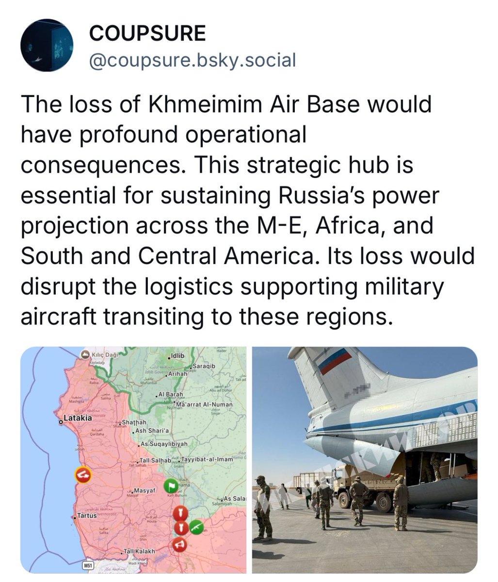 Without Syria, Russian operations in Africa would face a critical sustainment gap, with no viable alternatives for logistical continuity. The Navy would also struggle to offset the loss of the Syria-Africa air corridor, further weakening force projection.
