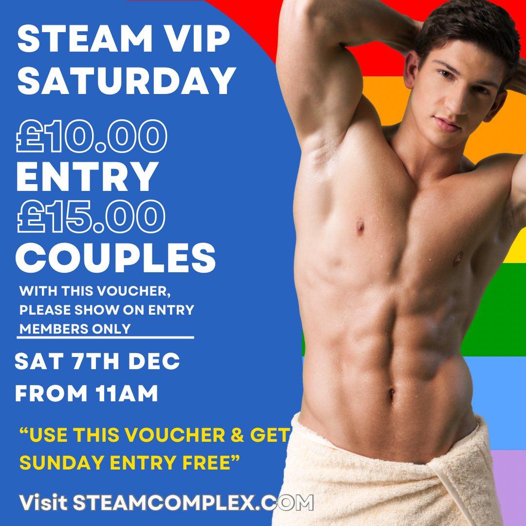 steamsauna's tweet photo. Make your weekend steamier! 🔥 This Saturday, VIP members get £10 entry (£15 for couples) AND free Sunday entry with your voucher. Don’t miss out! 🌈 #SteamComplex #VIPSaturday https://t.co/SRf9YKUOwZ