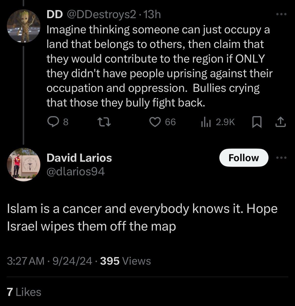 🚨 “Islam is a cancer and everybody knows it. Hope Israel wipes them off the map”

- David Larios (@dlarios94), PhD student at <a href="/Caltech/">Caltech</a> in the Thomson Lab