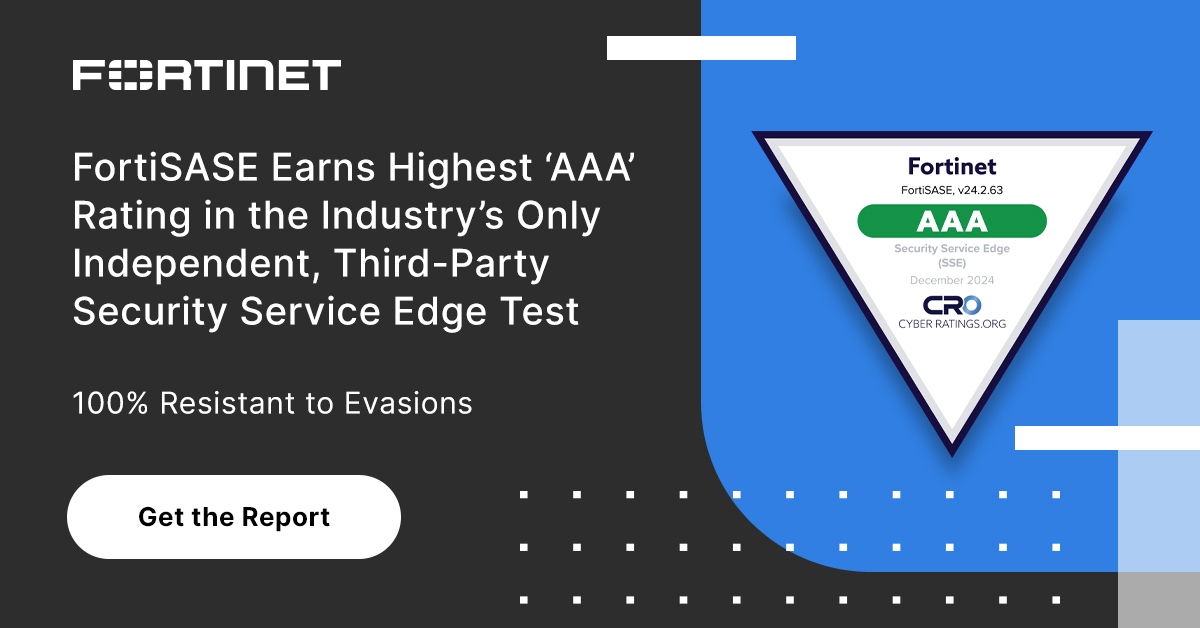 Exigeken's tweet image. Fortinet's #FortiSASE earned a "AAA" rating from CyberRatings.org for top-tier security &amp;amp; performance.

Read more in iTWire ftnt.net/6019QyxLh

#Fortinet #Cybersecurity #CloudSecurity