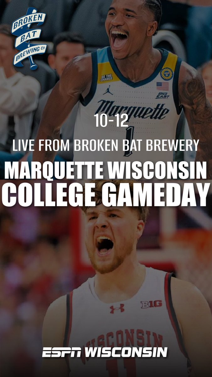 ESPN Milwaukee (@espnmilwaukee) on Twitter photo Getting you ready for Marquette vs Wisconsin🔥
Come hang with us at <a href="/BrokenBatBrew/">Broken Bat Brewing Co.</a> before the game or Tune in wisconsinondemand.com/wkti/ Getting you ready for Marquette vs Wisconsin🔥
Come hang with us at <a href="/BrokenBatBrew/">Broken Bat Brewing Co.</a> before the game or Tune in wisconsinondemand.com/wkti/