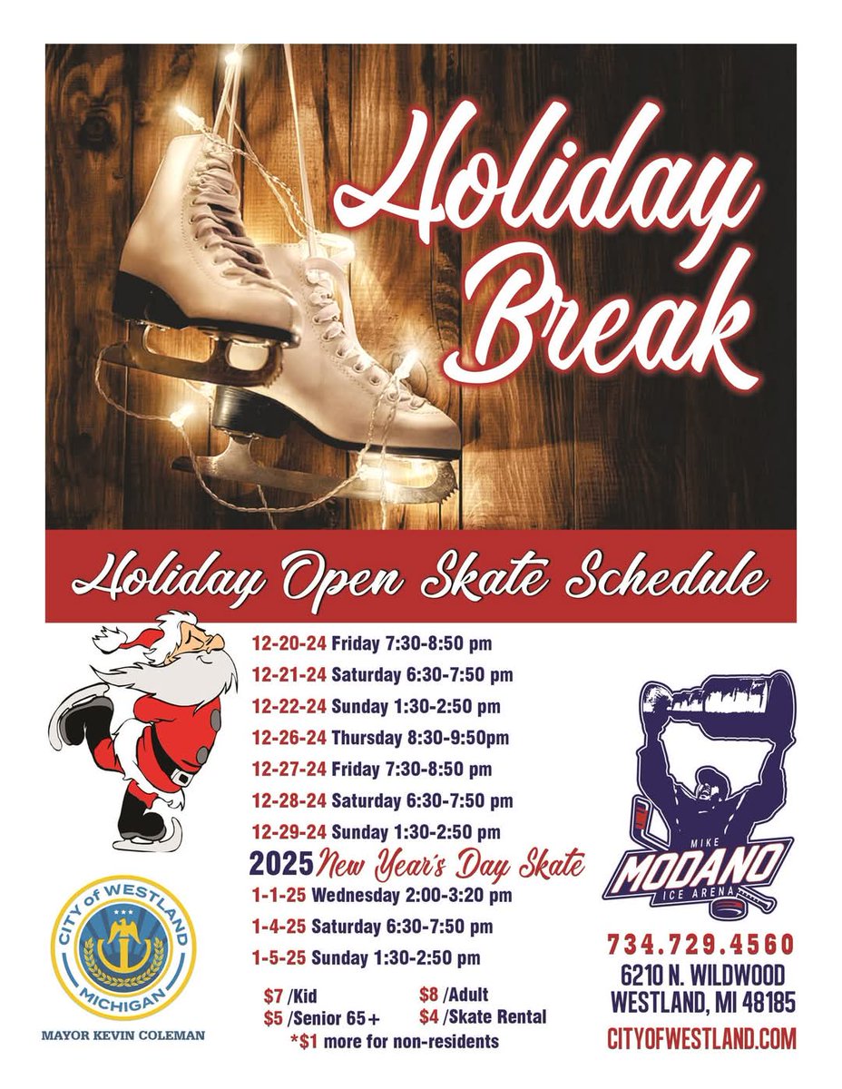 With breaks from school come "I'm bored".... Mike Modano Ice Arena has Open Skating times available during the week and on weekends. For any questions, please call 734-729-4560. #Westland