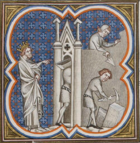 Not' bon roi Manu Ier exigeant de reconstruire Notre-Dame en 5 ans. 
(C'est vendredi soir alors je traîne sur Gallica plutôt que de rédiger mes bulletins : Grandes chroniques de France).