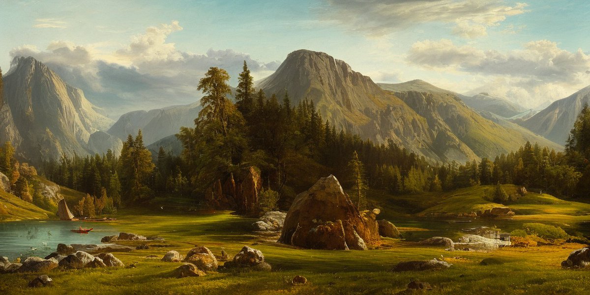 ███░░░░░░░░░ ~25% trained

"A painting of a mountain lake with a boat in the foreground, surrounded by lush green grass, trees, and rocks. The sky is filled with white, fluffy clouds, creating a peaceful atmosphere."