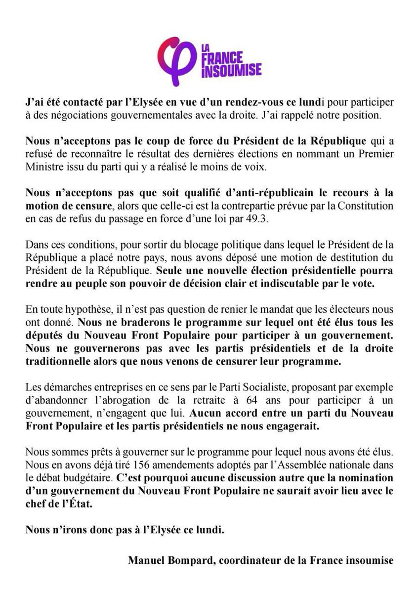 Invité par l’Elysée, Manuel Bompard annonce que LFI n’ira pas rencontrer Emmanuel Macron lundi.

Le PS y était reçu ce matin. 
F. Roussel le communiste ira bien au rdv lundi.
M. Tondelier pour les écolos donnera sa réponse demain.
Après la censure, la fissure (du NFP)? <a href="/BFMTV/">BFMTV</a>