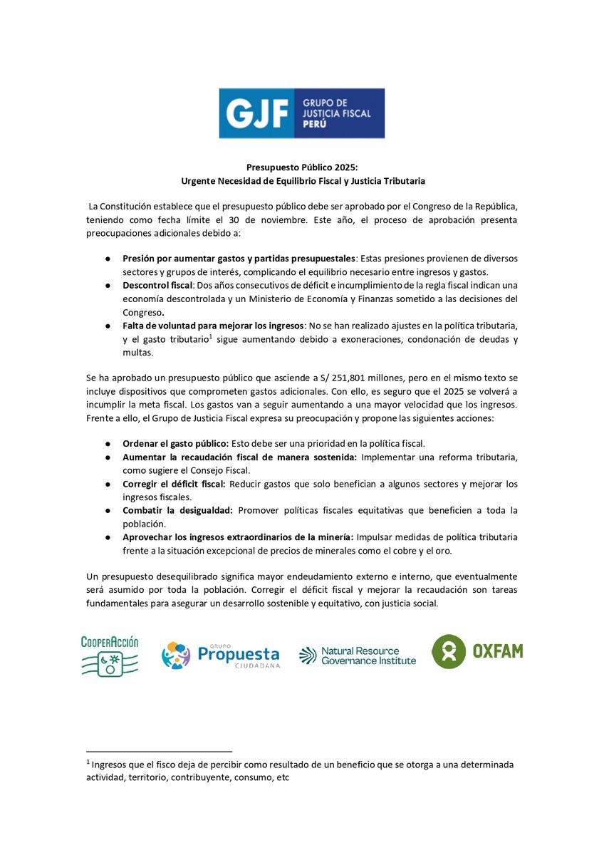El Grupo de Justicia Fiscal se pronuncia sobre el presupuesto público 2025: ⚠️ alerta descontrol fiscal y falta de justicia tributaria. 📉 Urge ordenar el gasto, mejorar la recaudación y corregir el déficit fiscal para un futuro sostenible y equitativo.
#JusticiaFiscal
