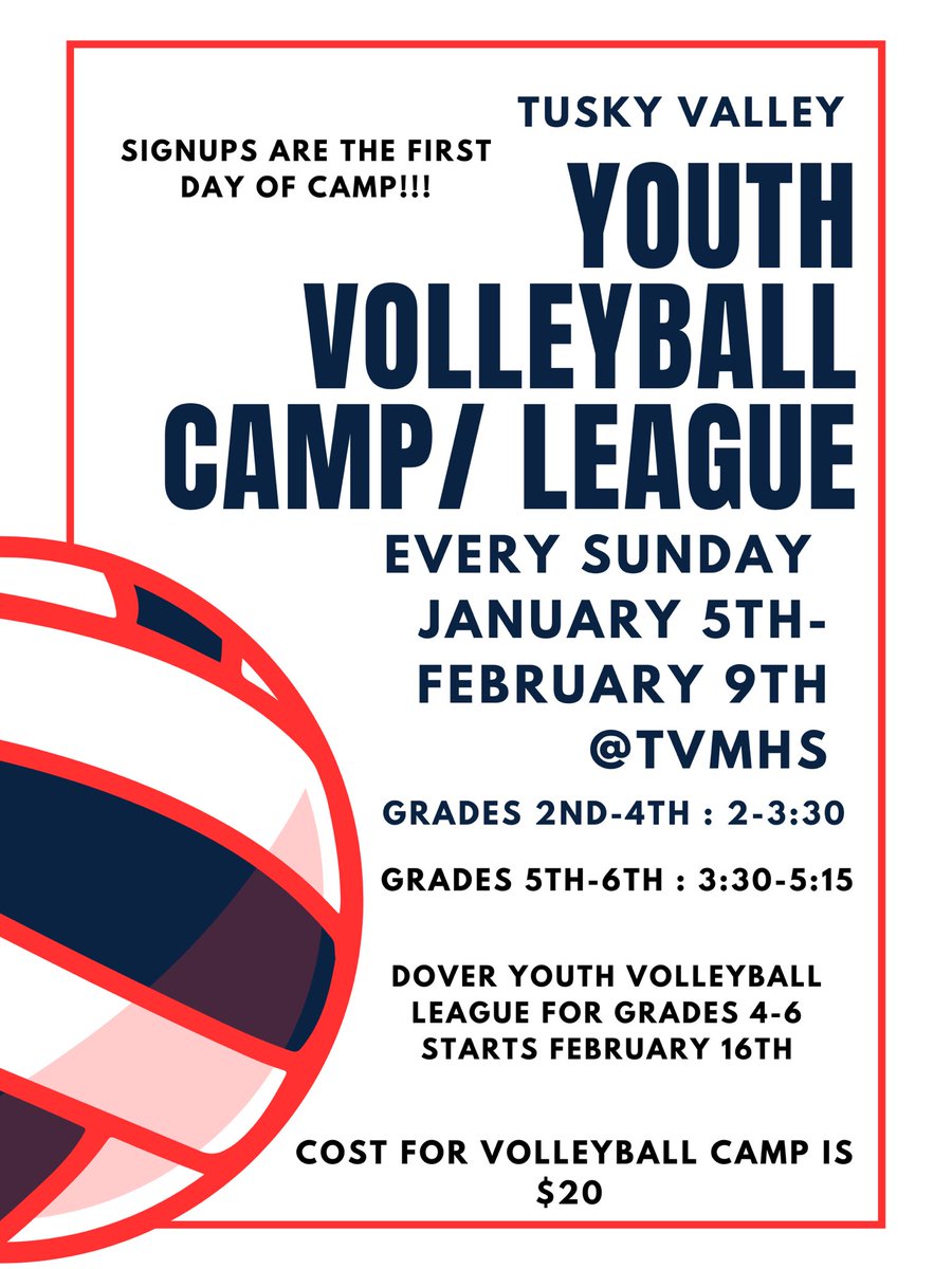 Youth Volleyball is starting January 5th on Sundays through February 6th!

If you are interested in playing in the youth Dover league in grades 4,5, and 6 will have the opportunity to sign up at camp! 
Pre-register by emailing Coach Franks brenton.franks@tvtrojans.org