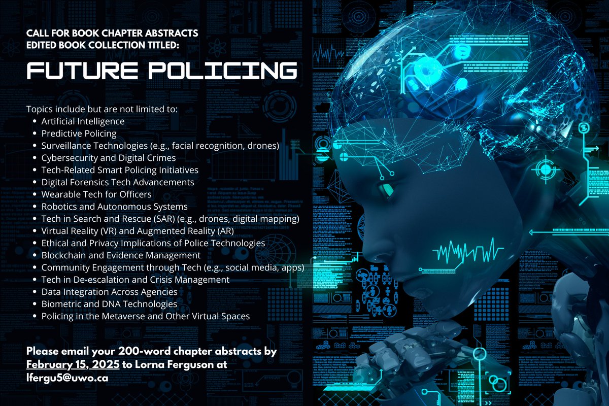Dr. Lorna Ferguson (@drlornaferguson) on Twitter photo CALL FOR CHAPTER ABSTRACTS - Future Policing: The Sustaining and Disruptive Potential of New and Emerging Technologies
<a href="/ian_t_adams/">Ian T. Adams</a>, <a href="/ProfLauraHuey/">Laura Huey</a>, and I are pleased to announce a call for abstracts for chapter contributions to an edited book collection exploring the present CALL FOR CHAPTER ABSTRACTS - Future Policing: The Sustaining and Disruptive Potential of New and Emerging Technologies
<a href="/ian_t_adams/">Ian T. Adams</a>, <a href="/ProfLauraHuey/">Laura Huey</a>, and I are pleased to announce a call for abstracts for chapter contributions to an edited book collection exploring the present