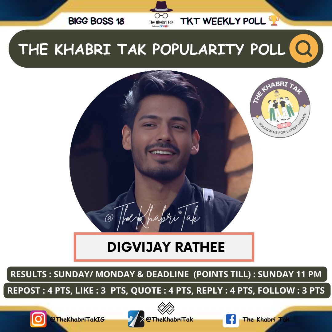 The Khabri Tak (@thekhabritak) on Twitter photo POPULARITY POLL : WEEK - 9
- Retweet🔁
- Like❤️
- Quote with Contestant Hashtag
- Comment with Contestant Hashtag
#BiggBoss #BB18 #BiggBoss18 #DigvijayRathee
<a href="/TheKhabriTak/">The Khabri Tak</a> | <a href="/itsDiggyGang/">Diggy Gang</a> POPULARITY POLL : WEEK - 9
- Retweet🔁
- Like❤️
- Quote with Contestant Hashtag
- Comment with Contestant Hashtag
#BiggBoss #BB18 #BiggBoss18 #DigvijayRathee
<a href="/TheKhabriTak/">The Khabri Tak</a> | <a href="/itsDiggyGang/">Diggy Gang</a>