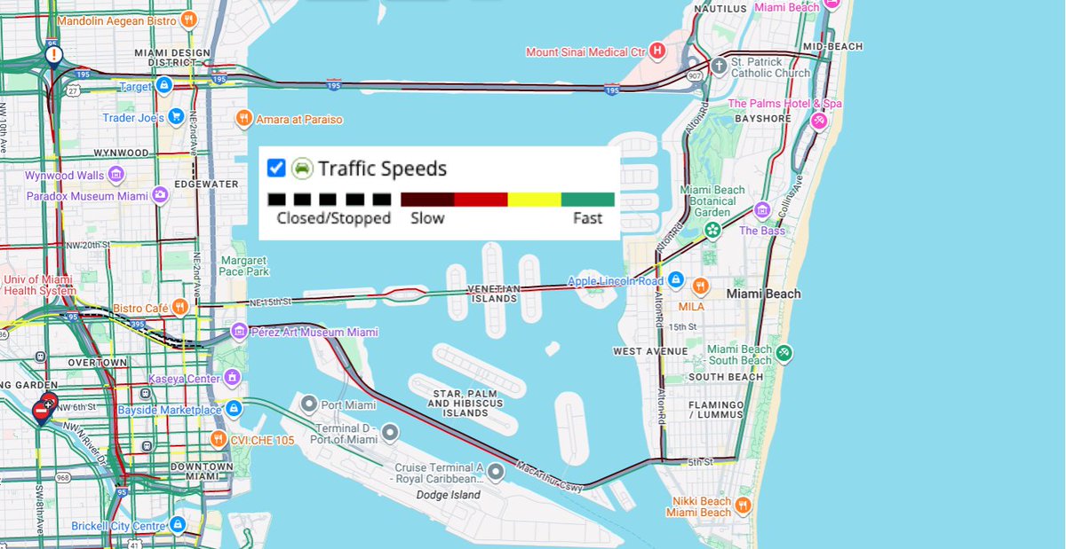 OfficialJoelF's tweet image. Major roads in Miami Beach along with nearby causeways are experiencing slow to standstill traffic, according to fl511.com. Rush hour mixed with #ArtWeek crowds