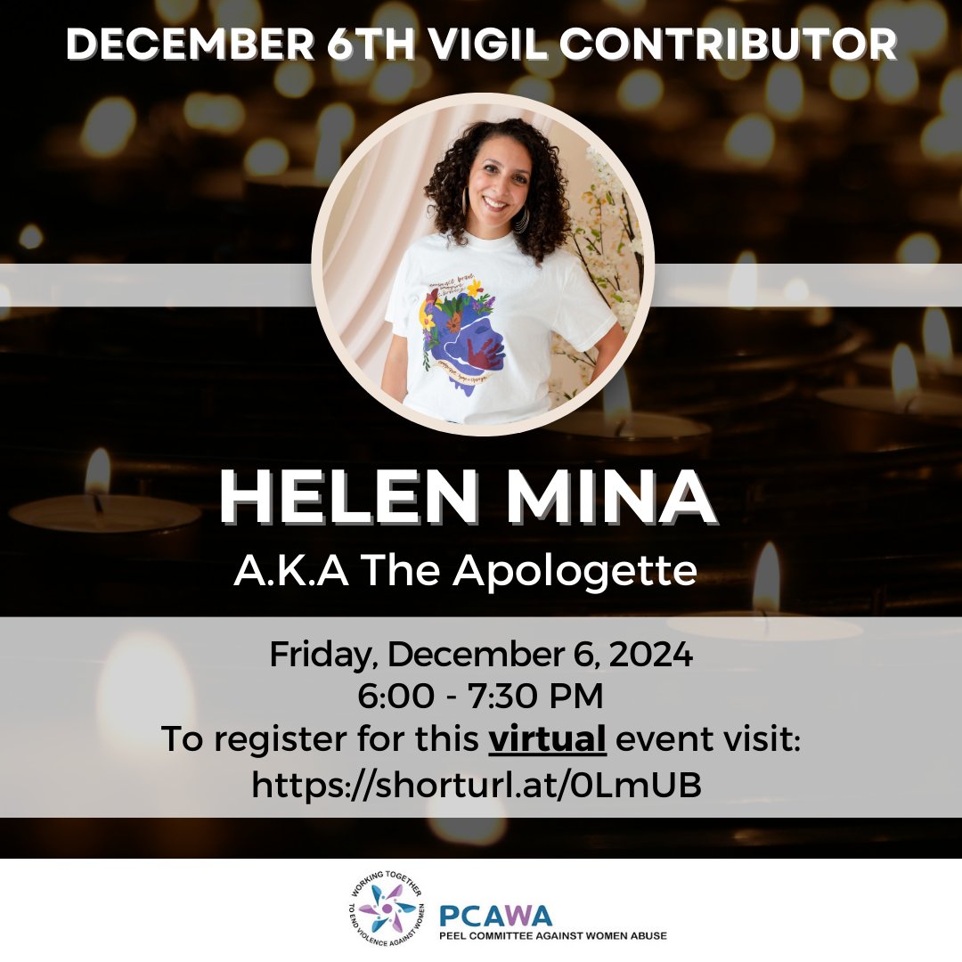 We are so grateful to share that Helen will be joining us again this year to share a powerful spoken word performance with us.

Join us virtually this evening on 6:00 - 7:30 PM for our December 6th Vigil.

Click here to register - shorturl.at/KPPwG