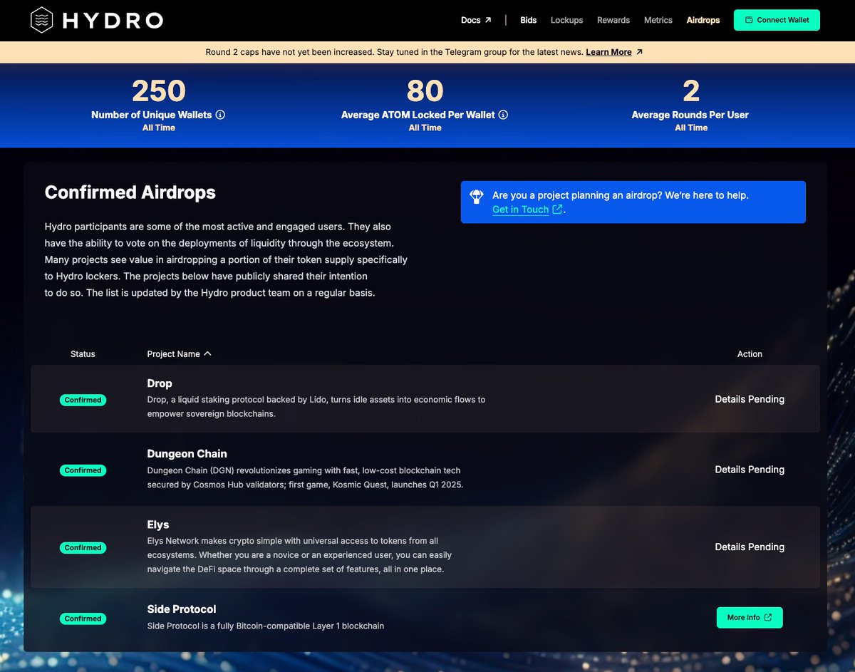 Airdrops_one's tweet photo. At least 4 (FOUR) Airdrops 🪂are confirmed for Hydro participants who lock in their $ATOM. You can continue doing monkey work with mouse-clicks, or just put your staked $ATOM to work for you.

1⃣ $DROP @dropdotmoney 
2⃣ $DGN @cryptodungeonma 
3⃣ $ELYS @elys_network 
4⃣ $SIDE @SideProtocol 

🌐https://t.co/RR0zEvrSql

Note that at the moment Round 2 Caps have NOT yet been increased. If you want to be one of the first to know when it happens TG group is your friend:

➡️TG: https://t.co/Rhl08EICrL

The raise is expected from 20K $ATOM to 10K $ATOM - allowing some a window of opportunity.

https://t.co/QdU9mHuc5i

🔸🔸Stake $ATOM with our Sponsor @EverstakeCosmos and be eligible for potential future Airdrops. https://t.co/fSVgmYcPWY 🔸🔸

Hydro is a new DeFi mechanism enabling $ATOM stakers to vote for liquidity allocation while still earning staking rewards.

Key Functionality

🔸Lock your staked ATOM, vote for a project, and earn a share of its "tribute" (rewards offered by projects).
🔸 Maintain staking rewards during participation.
🔸Liquidity is provided to projects meeting a minimum 5% vote threshold.

How Rewards Work

🔸Projects bid for liquidity by offering tributes (e.g., $100+ rewards to attract votes).
Rewards are distributed based on:
🔸Tribute value.
🔸Voting power (amount of ATOM locked and lock duration in future rounds).
🔸The number of voters per project.

Voting Rules

🔸Vote for one project per round but can switch votes during the round.
🔸Projects must pass a 5% vote threshold to receive liquidity and distribute tributes.

Why participate?

🔸Projects gain access to liquidity to support their initiatives.
🔸 $ATOM stakers earn tributes and staking rewards without sacrificing capital.

NFA! DYOR!

🔗Links

➡️Web:https://t.co/QdU9mHuc5i
➡️TG:https://t.co/Rhl08EICrL
➡️Docs: https://t.co/vMxzIlVbj0

🫡