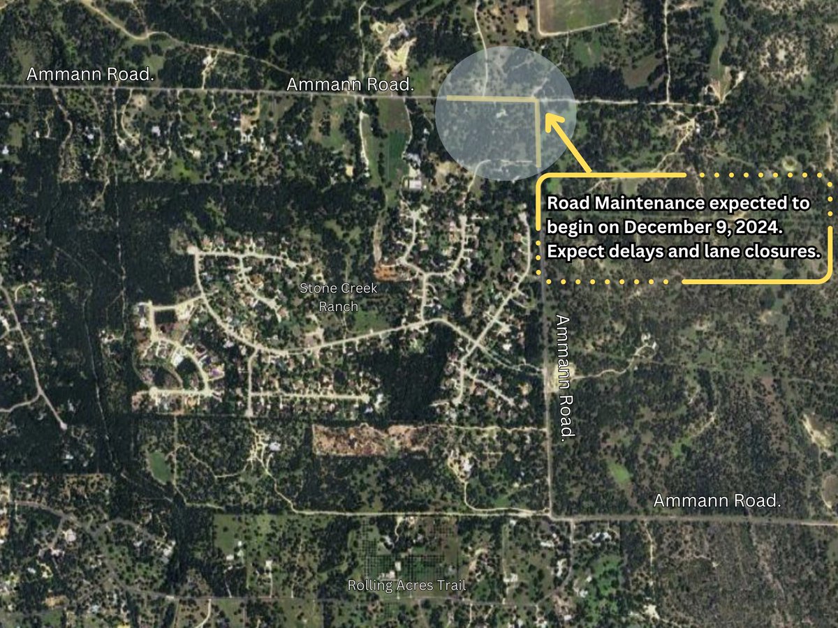 Please be advised that Kendall County will be performing road maintenance on a northern portion of Ammann Rd. The work is tentatively scheduled to start on Monday, December 9.

Drivers should anticipate potential delays due to lane closures.