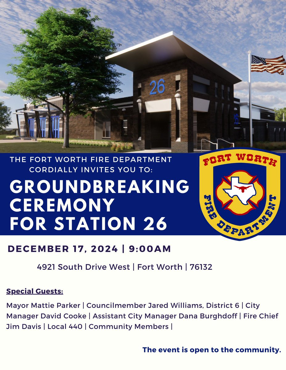 FortWorthFire's tweet photo. 🧱🔨 The Fort Worth Fire Department is breaking ground NOT once... but TWICE on December 17th! 🧰🪚

Come join the #fwfd at the official groundbreakings for new Station 26 (at 9am) and new Station 37 (at 1pm). We are excited for the special guests, City of Fort Worth leadership and community members that will be in attendance. 

The events are open to the public and we look forward to seeing you out at either (or both!) groundbreaking events! We will be sharing details and specifics on the new buildings in the coming days so be sure to follow along for more information! 

We will see y'all out there! And as always.... Stay safe, #fortworth.