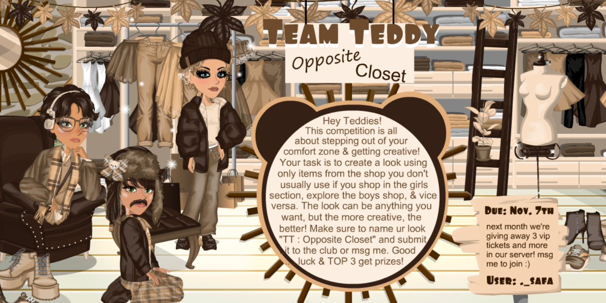 TeamTeddy_MSP's tweet photo. 👢 | There's still one day left to join this competition on the UK server! All you have to do is make a look using only clothes from the shop you barely use! So if you use the girl's shop you use the boy's shop!

⎯ 🇬🇧 SERVER
⎯ user: safaaa https://t.co/cu7wwzppol