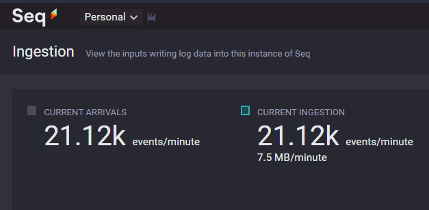 RonHosenfeld's tweet image. Seq continues to amaze me.  My personal dev machine tracking a crazy amount of messages from 50+ microservice workers.

Thats 21,000 per MINUTE!  @datalust_seq rocks.