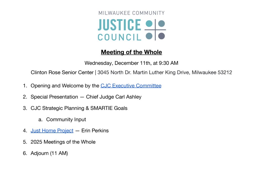 MKECJC's tweet photo. The agenda for next week's Meeting of the Whole is now available. Meeting materials are also available through our public CJC Google Drive: https://t.co/ctNv5xT0EE https://t.co/sVw7Bc7XBs