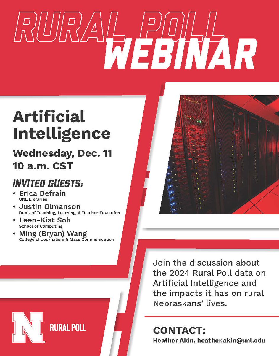Nebraska Rural Poll (@neruralpoll) on Twitter photo Join our Rural Poll webinar discussing the results from our artificial intelligence questions. Many invited guests will share their reactions. Register at ruralpoll.unl.edu
<a href="/UNLComputing/">Nebraska School of Computing</a>
<a href="/Unl_CoJMC/">UNL CoJMC</a>
<a href="/UNL_Lib/">University of Nebraska-Lincoln Libraries</a>
<a href="/UNL_CEHS/">Nebraska College of Education and Human Sciences</a> Join our Rural Poll webinar discussing the results from our artificial intelligence questions. Many invited guests will share their reactions. Register at ruralpoll.unl.edu
<a href="/UNLComputing/">Nebraska School of Computing</a>
<a href="/Unl_CoJMC/">UNL CoJMC</a>
<a href="/UNL_Lib/">University of Nebraska-Lincoln Libraries</a>
<a href="/UNL_CEHS/">Nebraska College of Education and Human Sciences</a>