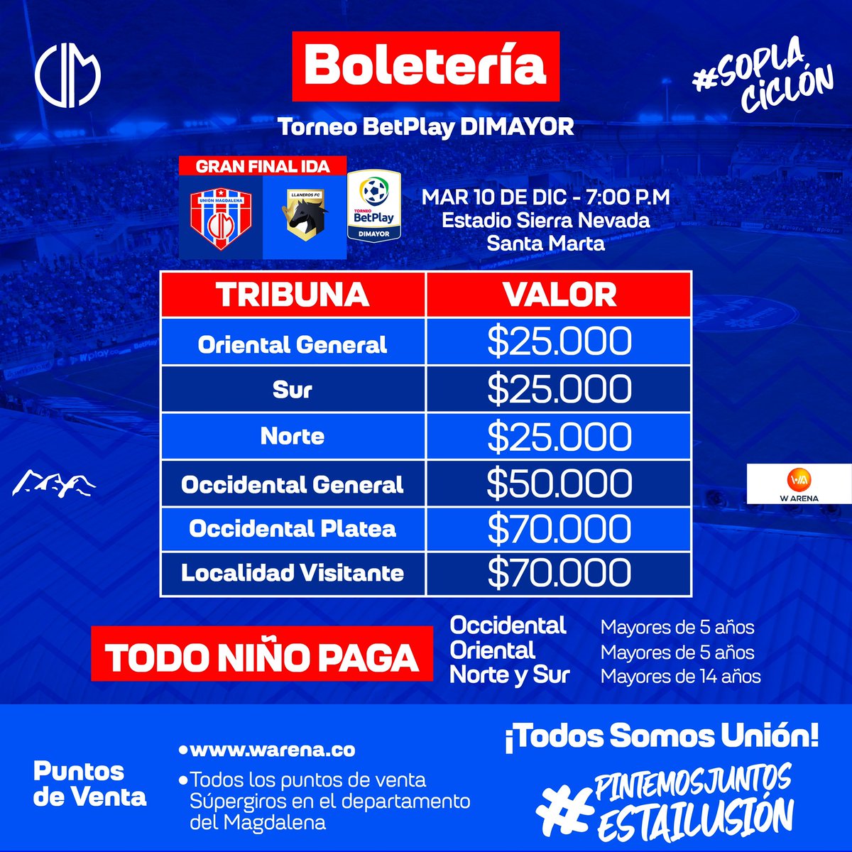 Hincha bananero, recuerda que está disponible la boletería para la Gran Final en casa. 🔵🔴💪🏻

Adquiere tus boletas en línea y evita las filas: warena.co/#/evento/984 🎫👈🏻

¡Vamos todos al Sierra Nevada! 🏟️🔥