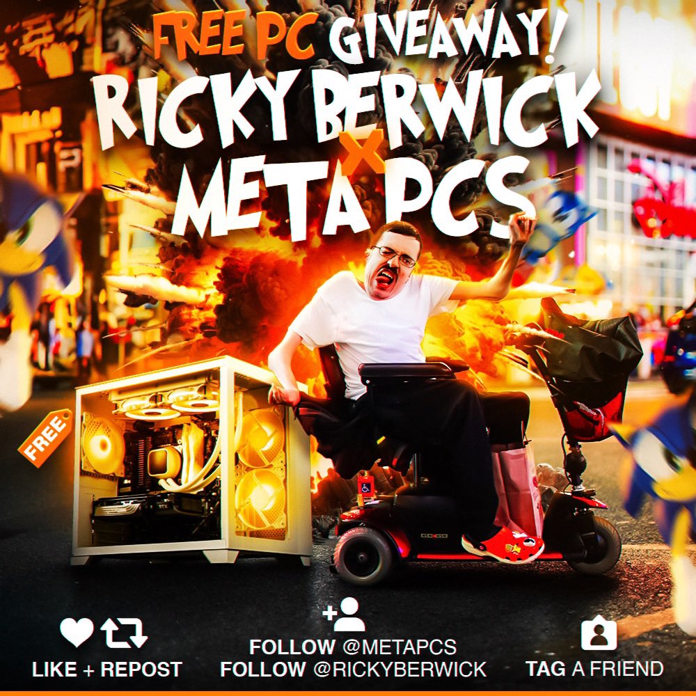 rickyberwick's tweet image. 🔥 RICKY BERWICK x META PCs GIVEAWAY! 🔥 Want to win a FREE custom gaming PC? Here’s how:

✅ Like + Repost
✅ Follow @METAPCs
✅ Follow @RICKYBERWICK
✅ Tag a friend

🌍 Must follow the list above to be entered! Open worldwide | Winner announced Tue, 12/17! Good luck! #Gaming