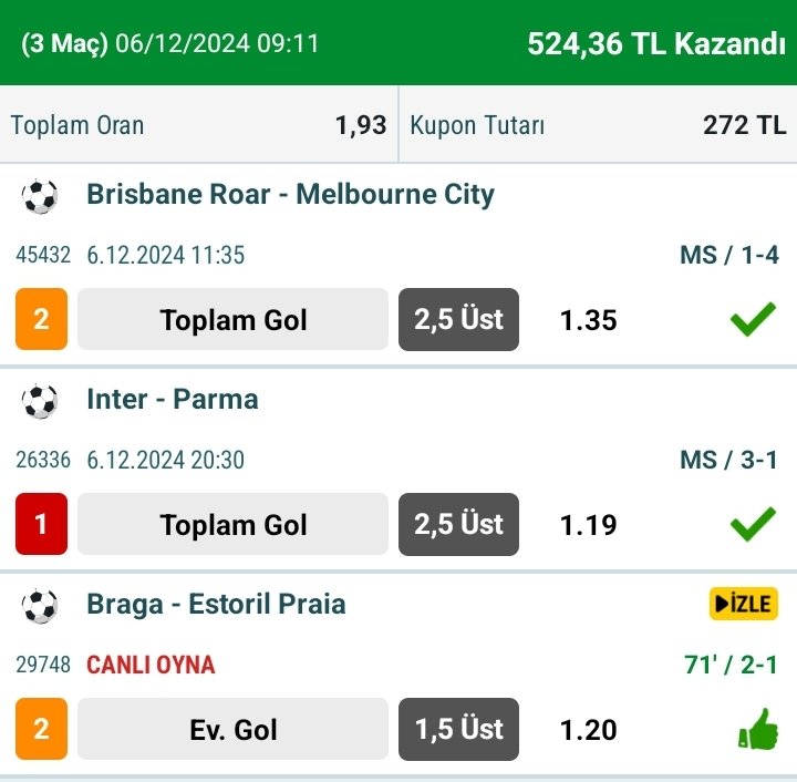 100 TL ile Başladığım;

Kasa Katlama 2. Adım Rolling Kazandı✅️✅️✅️

3. Adım İçin Yarın Görüşmek Dileğiyle👋👋👋