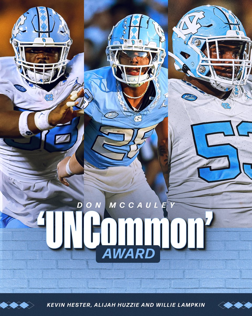 UNCFootball's tweet photo. They set the example 🐏

Kevin Hester, Alijah Huzzie and Willie Lampkin are this season’s Don McCauley “UNCommon’ Award winners!

#CarolinaFootball 🏈 #UNCommon https://t.co/xe8Ka0UhlC
