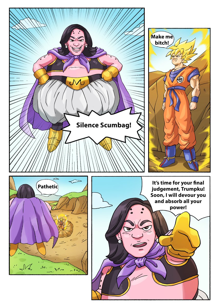 atrumponbase's tweet photo. Ever wanted to see Donald Trump as Goku fight Kamala Harris as Majin Buu?

We made it happen with our latest manga, but we need your help with the ending! Go on our website now to check out the full manga, then tell us how you want it to end! (First 4 pages below, all 7 pages can be found on website)

Submit your entry for a chance to win 75 USD

https://t.co/Bk6XmGmp8S