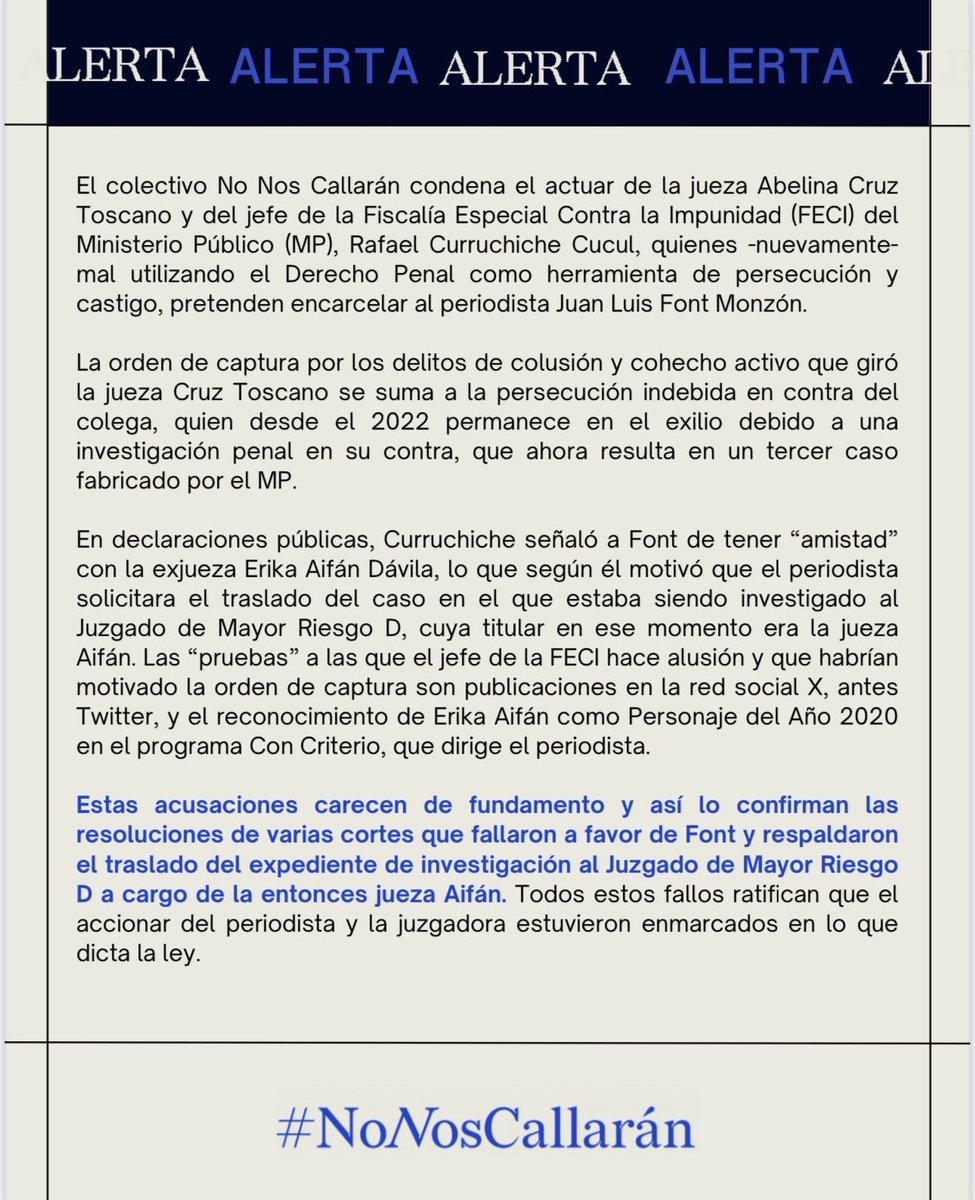 NoNosCallaranGT's tweet photo. ✊🏽Exigimos el cese inmediato de la persecución penal en su contra y nos solidarizamos con él y con su familia. 

🗣️¡No se calla la verdad encarcelando periodistas! https://t.co/Y3GF2qrgJV