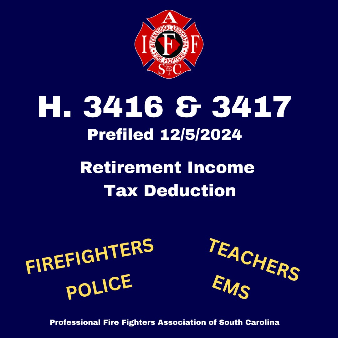 PFFASC (@pffasc) on Twitter photo Fantastic legislative work by PFFASC's Pres Roger Odachowski. With the support of <a href="/JayforHouse85/">State Rep. Jay Kilmartin</a>, #PFFASC prefiled H. 3416 (First Resps) & H. 3417 (adds teachers) to support Fire, EMS, Police, & Teachers in SC & provide tax exemption on their state pensions! Follow for updates. Fantastic legislative work by PFFASC's Pres Roger Odachowski. With the support of <a href="/JayforHouse85/">State Rep. Jay Kilmartin</a>, #PFFASC prefiled H. 3416 (First Resps) & H. 3417 (adds teachers) to support Fire, EMS, Police, & Teachers in SC & provide tax exemption on their state pensions! Follow for updates.