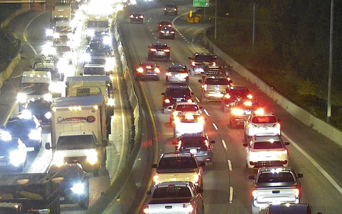 DriveBC's tweet image. ⚠️#BCHwy1 Westbound vehicle stall at Lynn Valley Rd has the left lane blocked. #UpperLevels #NorthVan