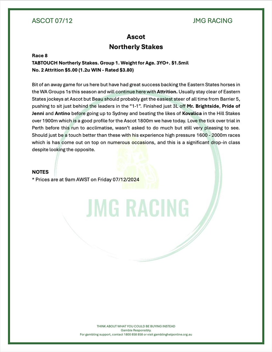 ASCOT PREVIEW 07/12

Not betting at VIC today. Dont like to look of Ballarat at all, awful track to wager and some poor races. 

Just heading over to WA for the featured Northerly Stakes where we have followed over a key VIC chance in attrition. 

#RacingTips #NortherlyStakes