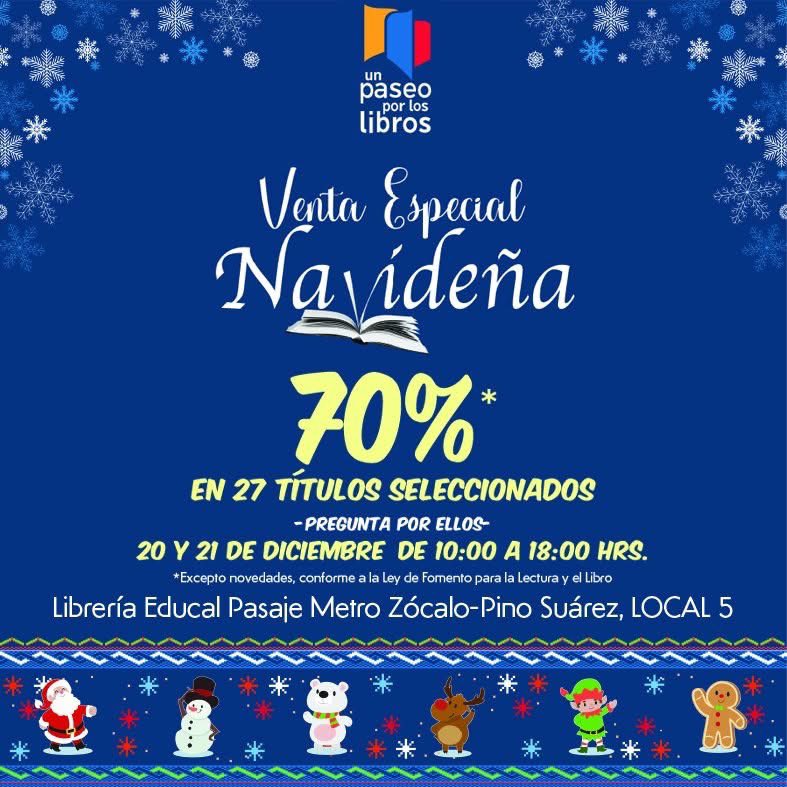 paseoxloslibros's tweet photo. 🎄✨🎁📖📚En esta #VentaNavideña habrá muchos #descuentos
Busca las #promociones de @LibreriasEducal en la librería 5 de #UnPaseoPorLosLibros📍Pasaje Pino Suárez- Zócalo del @MetroCDMX
El mejor #regalo esta #Navidad siempre será un #libro
#librerías #libros #regalos #CDMX https://t.co/PXYyBs8jK2