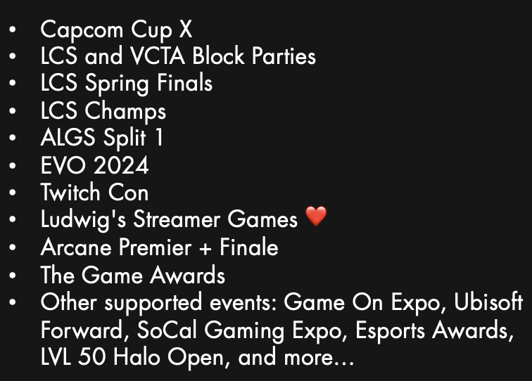 Cyrenani's tweet photo. Wrapping up 2024 recap and going through the list of gaming activations I got to work on this year in the Southwest region… pretty sure I’m still missing a few!  It’s been an incredible year of gaming at Red Bull. So proud of my team—can’t wait to see what we’ll accomplish together in 2025! 🥳