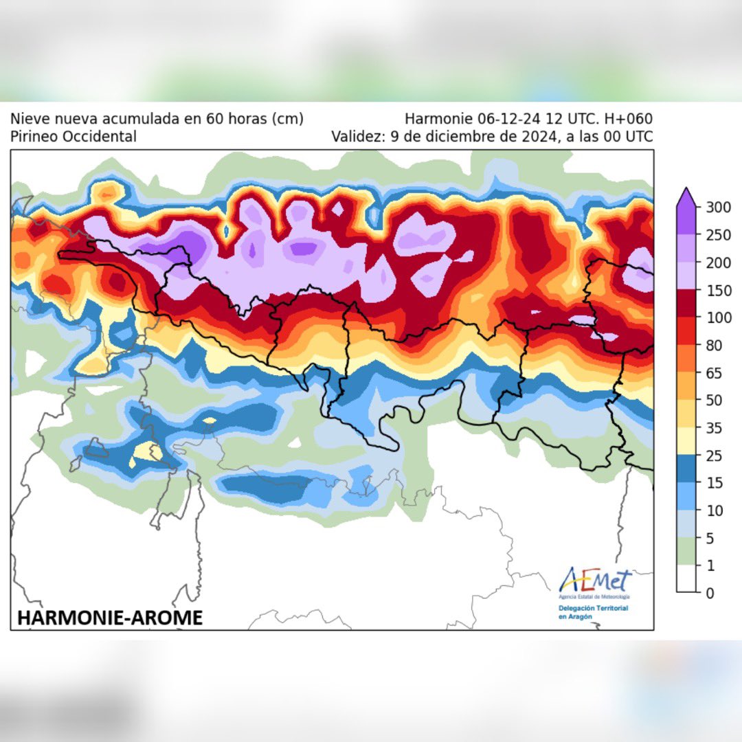 meteodelnorte's tweet photo. Algunos de los mejores modelos de alta resolución apuntan a una nevada de hasta ⚠️🔴 250/270cm ‼️en 60h en el macizo de #LarraBelagua 😳😱 

En otros puntos de la vertiente N y divisoria del #PirineoOccidental entre 150 y 250cm

❄️📏 SWISS 4x4 / HARMONIE-AROME: https://t.co/2lnvWIQrn6