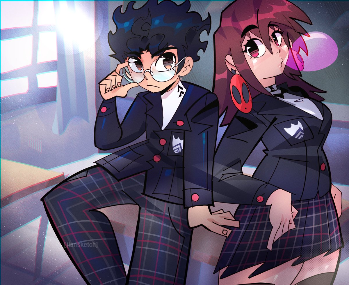 jiansketch's tweet photo. Okarun and Momo in P5 Outfit https://t.co/9iikGQOGEv