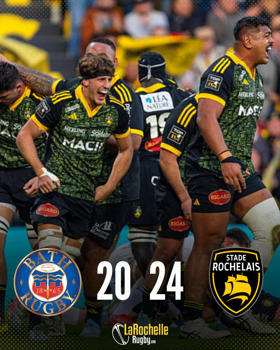 LaRochelleRugby's tweet photo. Victoire ! ๐กโซ๏ธ
Le @staderochelais se sort du piรจge en s'imposant sous la pluie de @BathRugby !
#FievreSR #BATvSR #BATSR https://t.co/tlptLo3YBS