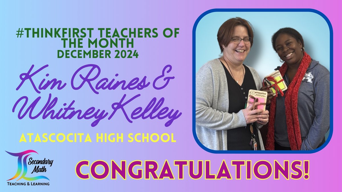 Humble_2ndMath's tweet photo. 🎉Congrats to Kim &amp; Whitney, December's #ThinkFirst Teachers of the Month! They inspire students to reflect on prior knowledge before introducing new concepts, sparking curiosity &amp; building strong foundations! 👏 https://t.co/RoCMMI9low