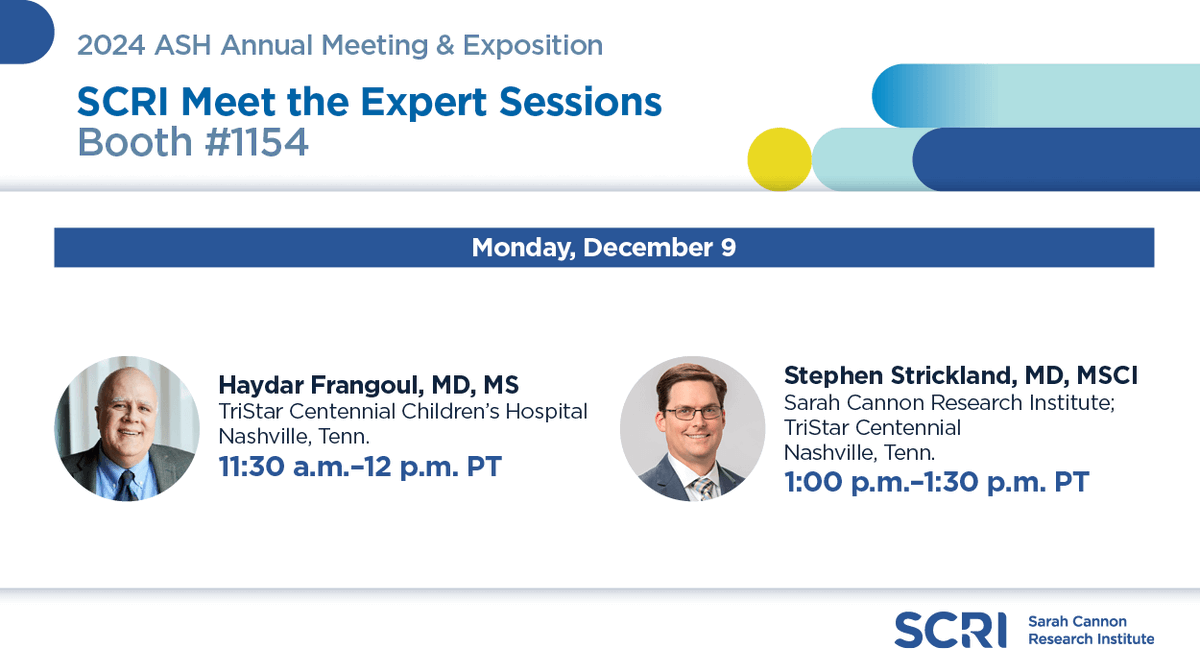 Sarah Cannon Docs (@sarahcannondocs) on Twitter photo Join us at #ASH2024 Booth #1154 for SCRI "Meet the Expert" Sessions! Connect with top oncologists and explore cancer research innovations. #Oncology #CancerResearch
<a href="/DavidRSpigel/">David R. Spigel, MD, FASCO</a> <a href="/KrishPatelMD/">Krish Patel</a> <a href="/hfrangoul/">Haydar Frangoul</a> @BldCancerDoc <a href="/DrBattiwalla/">Dr. Minoo Battiwalla</a>
linktr.ee/scrinetwork?ut… Join us at #ASH2024 Booth #1154 for SCRI "Meet the Expert" Sessions! Connect with top oncologists and explore cancer research innovations. #Oncology #CancerResearch
<a href="/DavidRSpigel/">David R. Spigel, MD, FASCO</a> <a href="/KrishPatelMD/">Krish Patel</a> <a href="/hfrangoul/">Haydar Frangoul</a> @BldCancerDoc <a href="/DrBattiwalla/">Dr. Minoo Battiwalla</a>
linktr.ee/scrinetwork?ut…