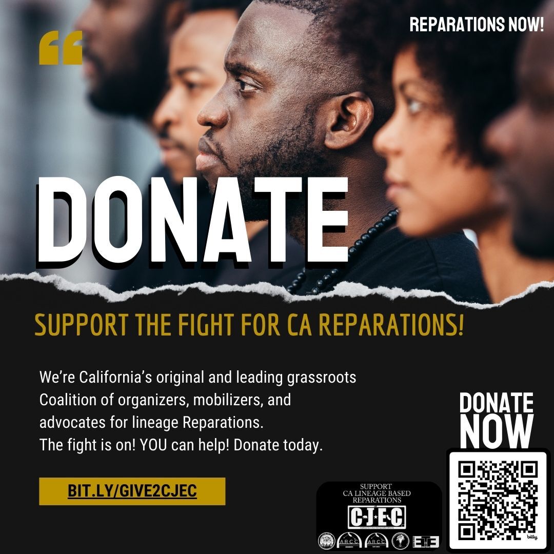 cjecofficial's tweet photo. The fight for lineage-based #Reparations legislation in California is ON & the stakes couldn't be higher! 

YOU can help us WIN! 

Support California's original and leading state-wide grassroots organization on the front lines for lineage-based Reparations!!

Donate to #CJEC TODAY!

Click 👇🏿
https://t.co/j1iU0Jt4pv @cjecofficial #CAReparations
