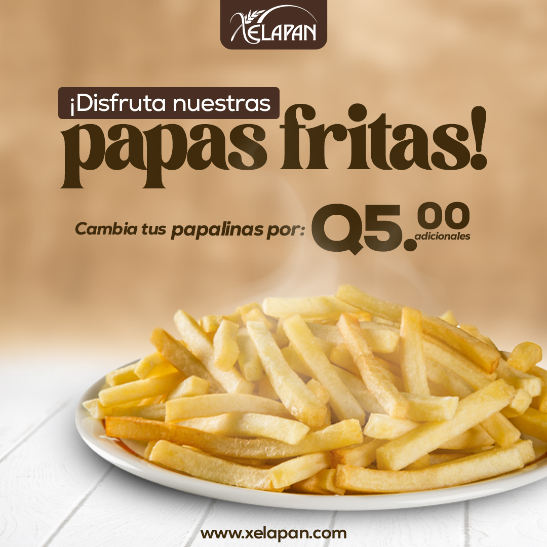 ¡Las papas fritas llegaron a Xelapan!
Transformamos tu antojo en algo aún más delicioso. Disfrútalas en tus platillos favoritos por Q5.00 adicionales. 😍