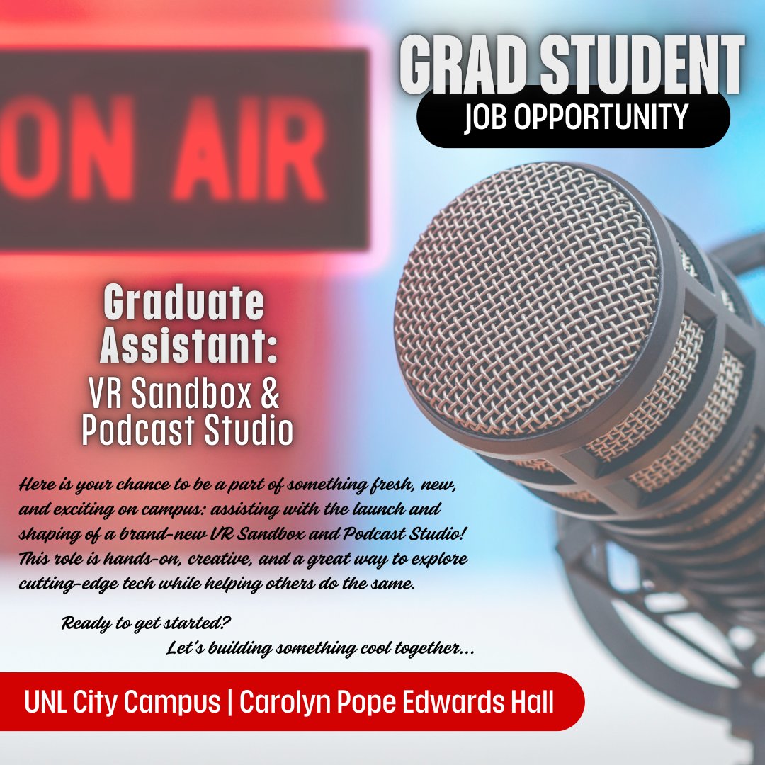 UNL Department of Nutrition and Health Sciences (@nhsunl) on Twitter photo TMFD is looking for a Graduate Assistant to assist with a new VR Sandbox and podcast studio located in Carolyn Pope Edwards Hall! Learn more about this great job opportunity online at: app.joinhandshake.com/emp/jobs/95010…  <a href="/UNL_TMFD/">UNL_TMFD</a> TMFD is looking for a Graduate Assistant to assist with a new VR Sandbox and podcast studio located in Carolyn Pope Edwards Hall! Learn more about this great job opportunity online at: app.joinhandshake.com/emp/jobs/95010…  <a href="/UNL_TMFD/">UNL_TMFD</a>