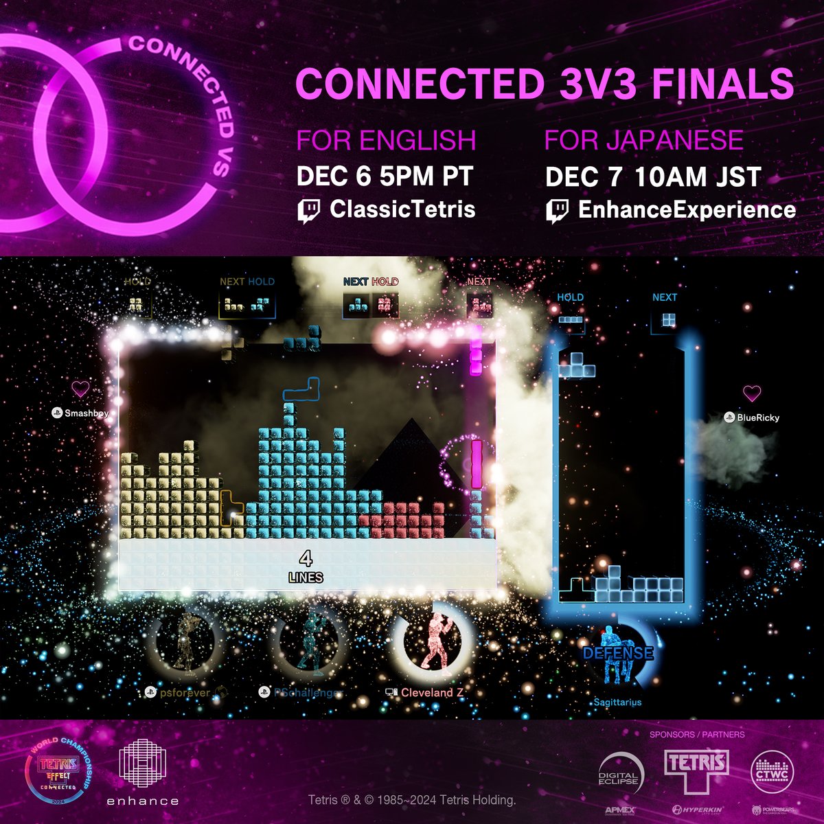 📢 #TECWC2024 CONNECTED 3V3 TEAMS TOURNAMENT FINALS TODAY

Here are the teams:
🟥Team OSW!!!
🟨We are NOT Connected
🟩Gravity Maxers
🟦Unnamed Team

Tune in starting 5 PM PT / 8 PM ET
EN: twitch.tv/ClassicTetris
🇯🇵: twitch.tv/EnhanceExperie…
📺 <a href="/Tetris_Official/">Tetris</a> on X