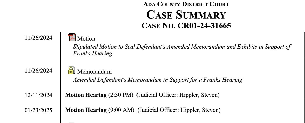 TgCz76's tweet image. I was instructed to send email correspondence inquiring about the Dec. 11, 2024 hearing. I have asked for (1) the title of the matter being entertained and (2) whether it is open to the public.  I will report back if/when I obtain a response #Idaho4 #IdahovKohberger #1stAmendment