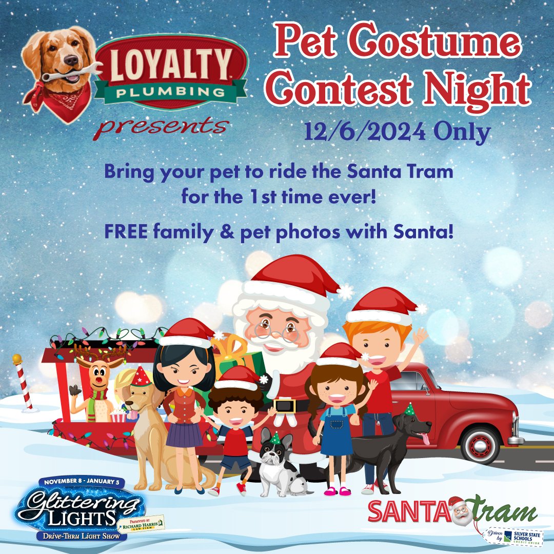 Tonight Loyalty Plumbing presents our very first ever Pet Costume Contest. Contest starts at 6:30pm in the Santa Tram area. Deck your pets from head to toe and join the pet costume contest with our host Joanna from <a href="/sunny1065lv/">Sunny 106.5 ☀️</a>