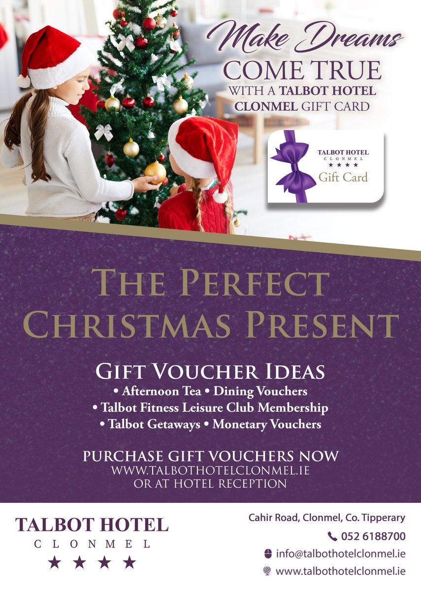 Talbot Hotel Clonmel, Co. Tipperary, Ireland (@talbotclonmel) on Twitter photo Struggling to find the perfect Christmas gift ?
Why not give the gift of a <a href="/TalbotClonmel/">Talbot Hotel Clonmel, Co. Tipperary, Ireland</a> gift voucher. From a delicious afternoon tea, a relaxing overnight stay, a dining experience in our Wheat Bar to Leisure Club membership.
Buy on line talbothotelclonmel.ie #BestGiftEver Struggling to find the perfect Christmas gift ?
Why not give the gift of a <a href="/TalbotClonmel/">Talbot Hotel Clonmel, Co. Tipperary, Ireland</a> gift voucher. From a delicious afternoon tea, a relaxing overnight stay, a dining experience in our Wheat Bar to Leisure Club membership.
Buy on line talbothotelclonmel.ie #BestGiftEver