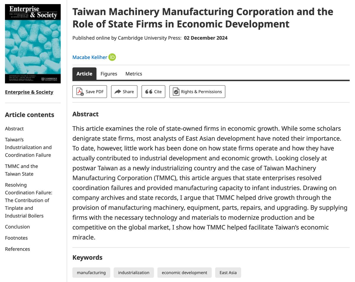 arielronid's tweet photo. My colleague @MacabeKeliher just published this excellent article about the role of Taiwan Machinery Manufacturing Corporations, as SOE, in Taiwan's postwar economic development. Part of what he calls the "archival turn" in studies of the developmental state. Interesting stuff! https://t.co/vntzmrpcAW