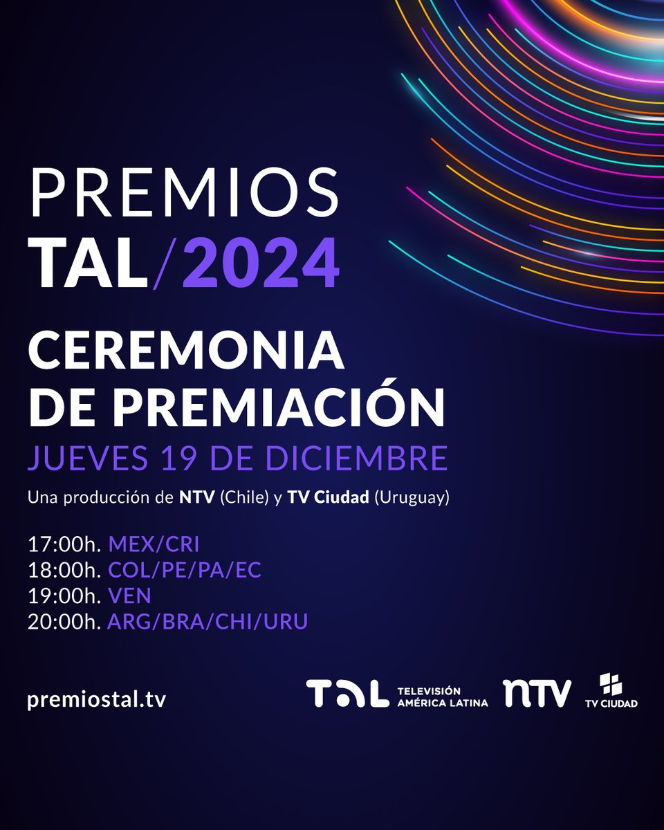 🏆 #PremiosTAL2024 | Se viene la ceremonia de premiación, en una coproducción de <a href="/ntvchile/">NTV Chile</a>, <a href="/tvciudaduy/">TVCIUDAD</a> y la #RedTAL 📺🌎
📌Jue 19 de diciembre
🔴 Podrá verse por la pantalla de ambos canales, otros canales de la red y plataformas digitales de Red TAL
👉premiostal.tv