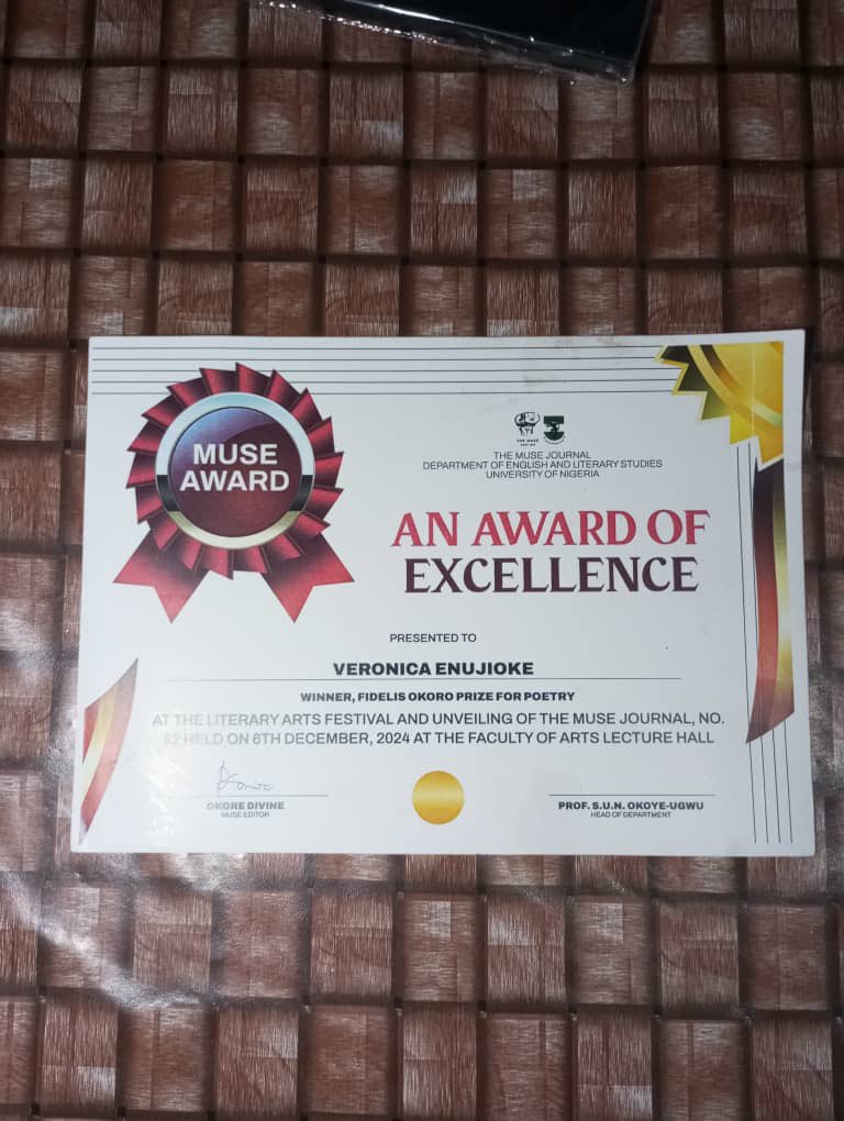 VCEnujioke's tweet image. I am thrilled to share that I won both the Fidelis Okoro Prize for Poetry of The Muse Journal, No. 52 and the GBV Poetry &amp;amp; Spoken Words contest for 16 days of activism, held by @wonderwomannigeria in partnership with the French Embassy @FranceInNigeria. 
Grateful for my craft.🤭