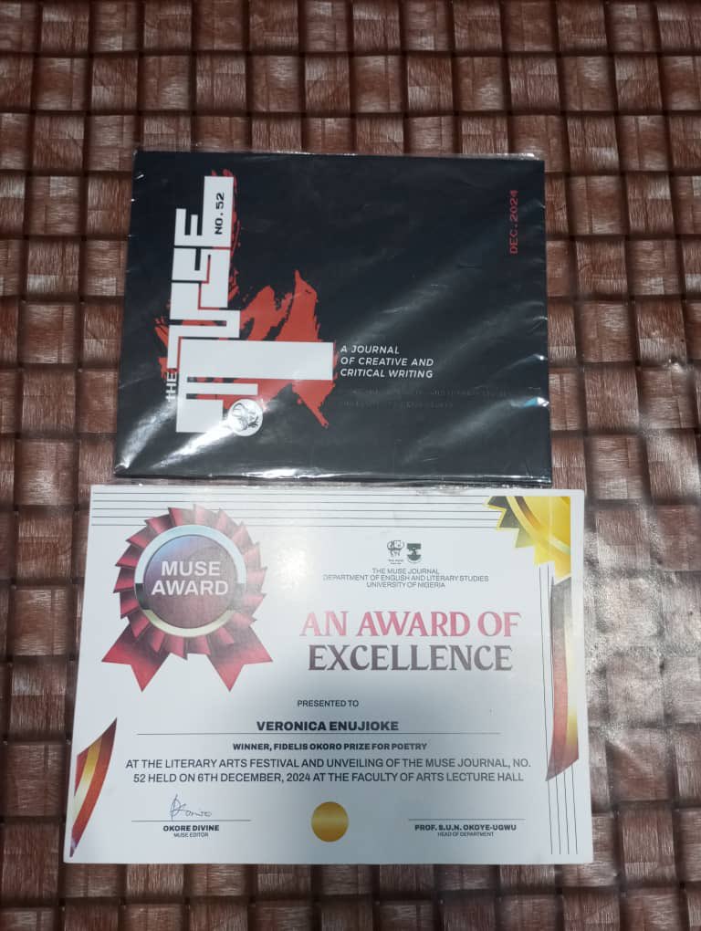 VCEnujioke's tweet image. I am thrilled to share that I won both the Fidelis Okoro Prize for Poetry of The Muse Journal, No. 52 and the GBV Poetry &amp;amp; Spoken Words contest for 16 days of activism, held by @wonderwomannigeria in partnership with the French Embassy @FranceInNigeria. 
Grateful for my craft.🤭